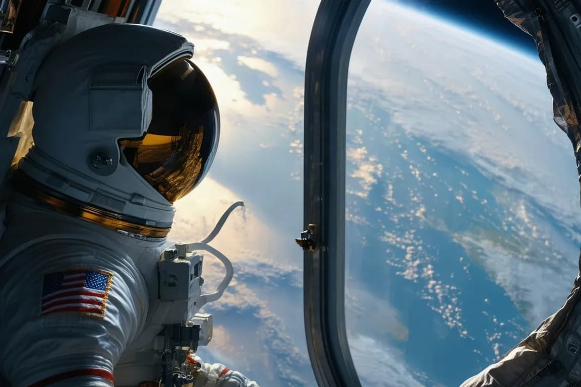 An astronaut looking out of a space station window at Earth, reflections on the visor, cinematic, volumetric light.