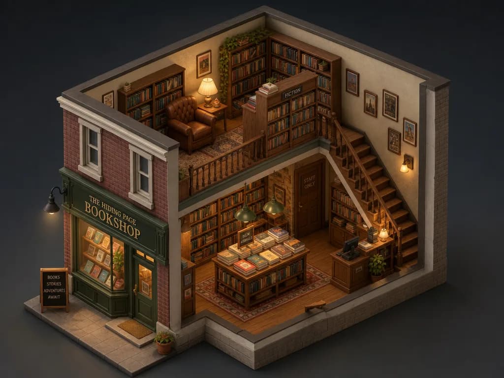 An isometric cutaway of a tiny two-storey bookshop, warm interior lighting, shelves full of books, a reading nook with a lamp, soft shadows, clean 3D render style.