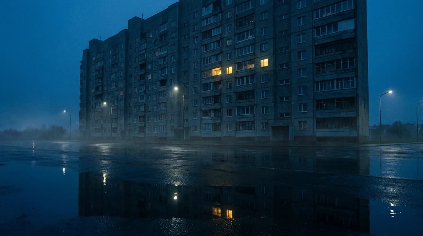 brutalist concrete apartment block at blue hour, single lit window, wet asphalt reflections, minimal composition, wide angle, moody, photorealistic
