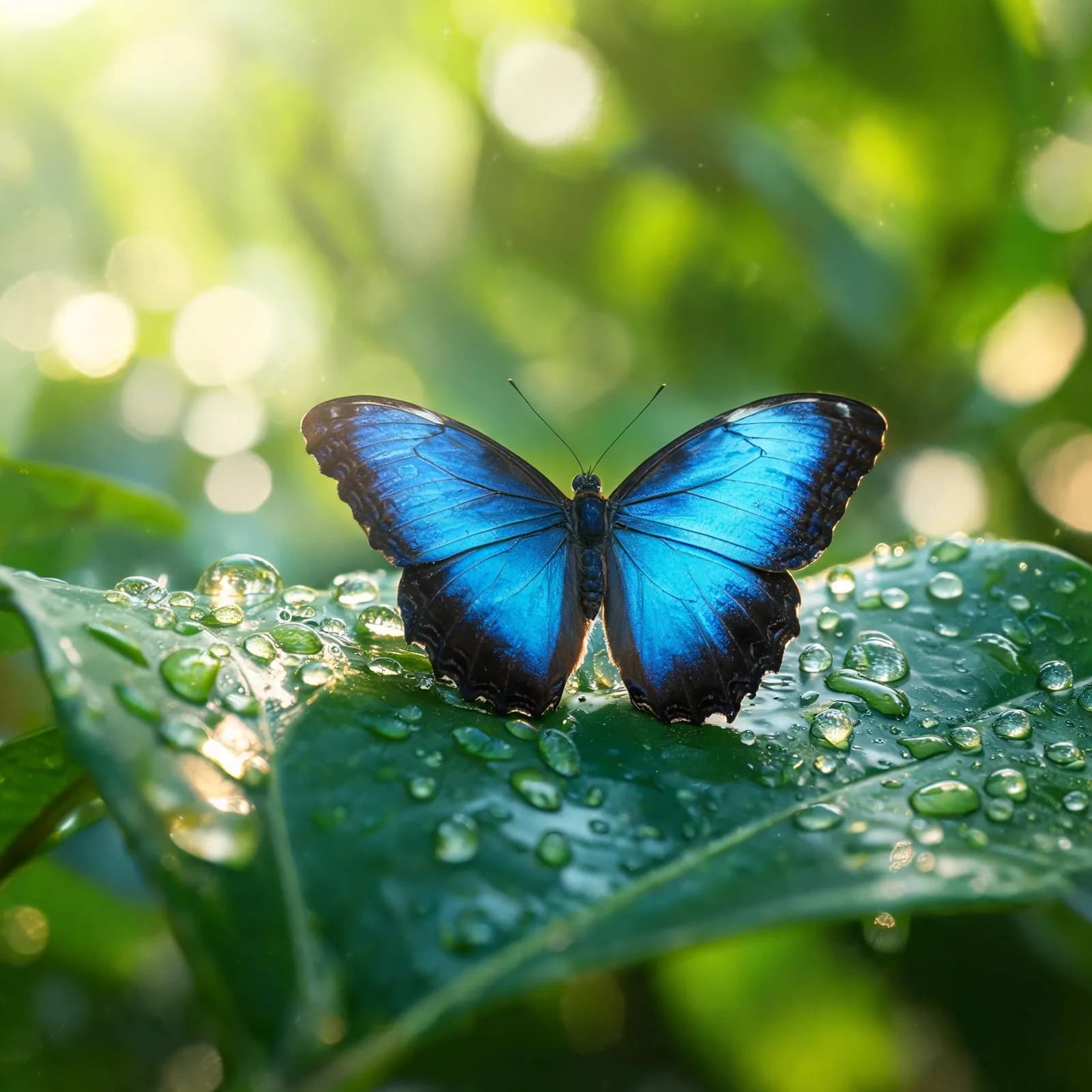 Macro photo of a blue morpho butterfly on a wet leaf, dew drops, bokeh, morning light.