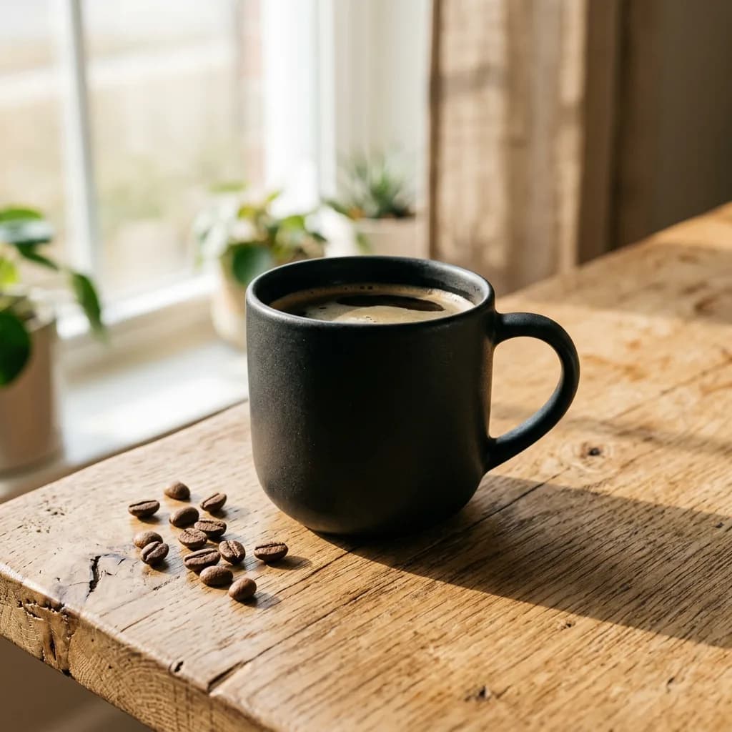 A product photo of a matte black ceramic mug on a raw oak table, morning sunlight from a window on the left, soft shadow, a few coffee beans scattered, clean and minimal, shot from a 45-degree angle.