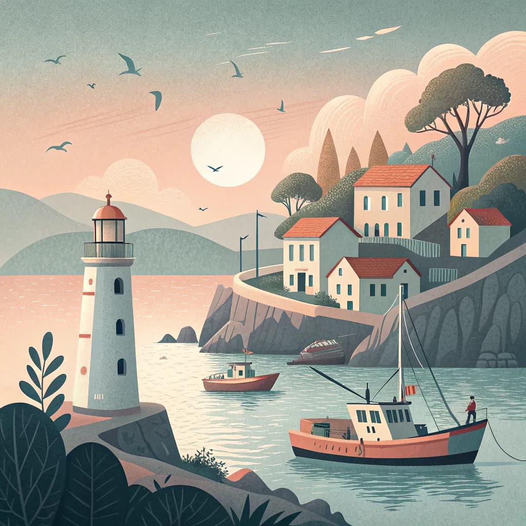 A flat vector illustration of a small coastal town at dawn, pastel palette, simple geometric shapes, a lighthouse on the left, fishing boats in the bay, subtle paper texture, poster style