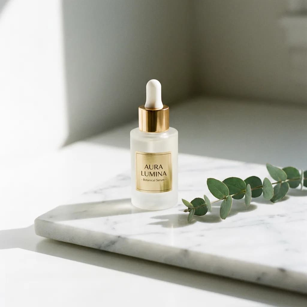 Luxury cosmetics product shot: a frosted glass serum bottle on white marble, soft shadow, single eucalyptus sprig, morning light, minimal.