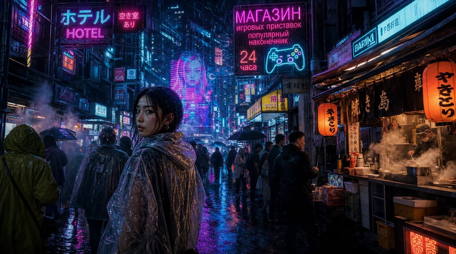 A rain-soaked cyberpunk night market, steam rising from food stalls, holographic signs in Japanese and Russian, a woman in a clear raincoat looking back at the camera, cinematic wide shot.