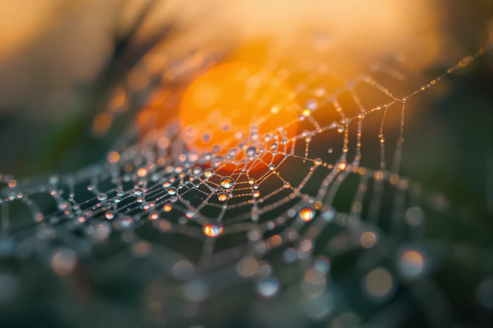 macro photo of a dew-covered spider web at sunrise, bokeh background, sharp focus on droplets, natural light, 100mm macro