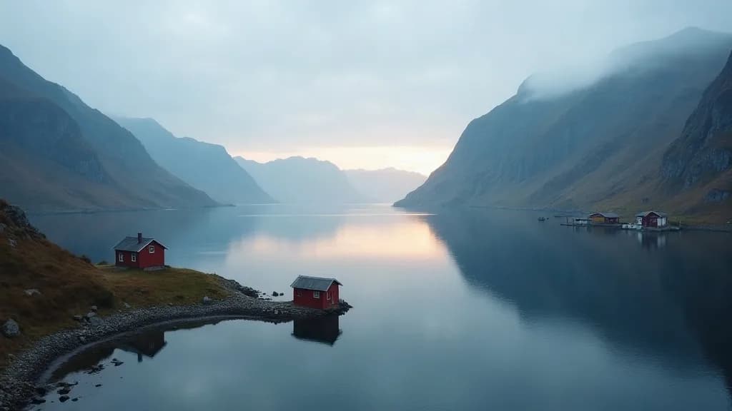 Aerial photo of a Norwegian fjord at dawn, a single red cabin on the shore, mirror-still water, low clouds, muted colors.