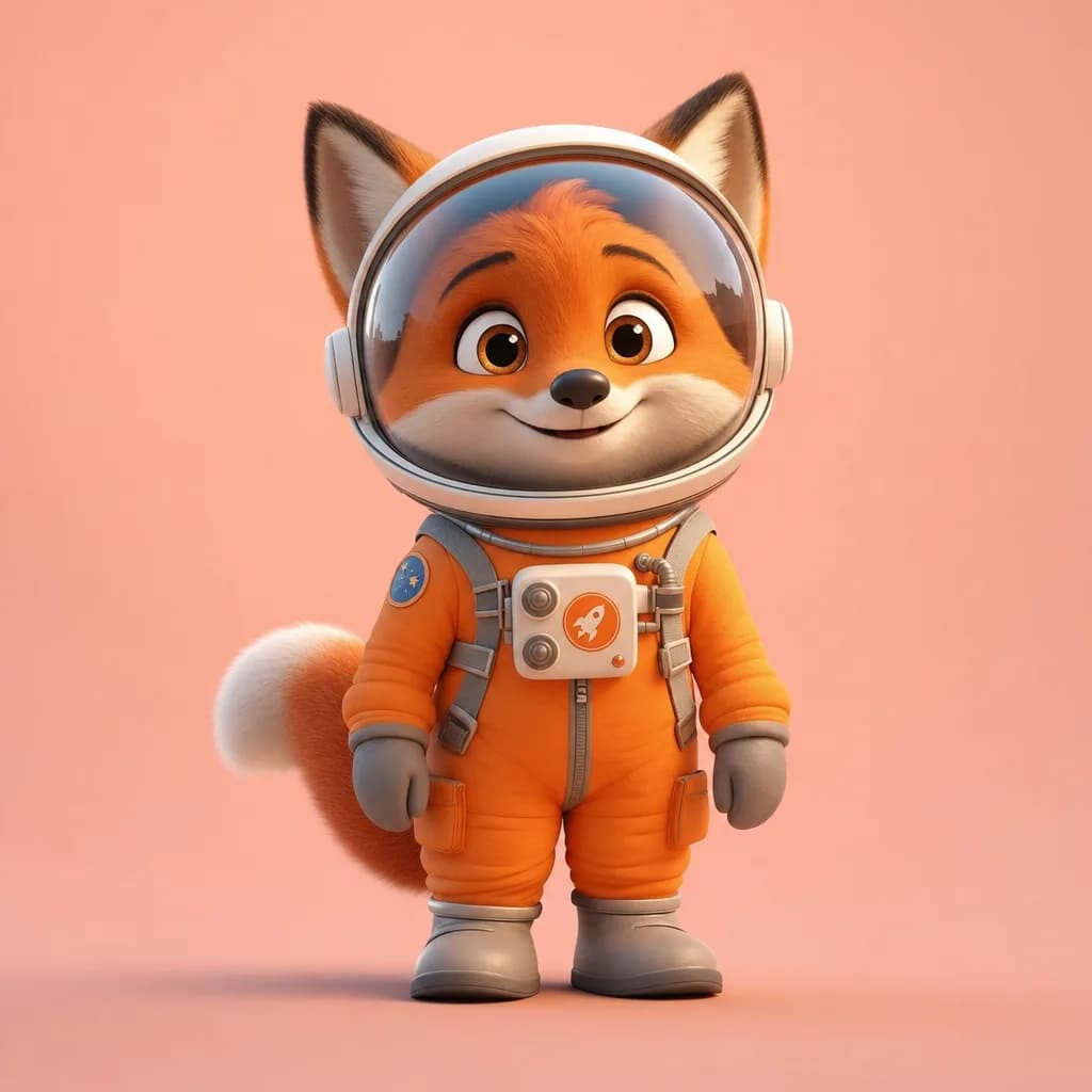 Cute 3D character render of a fox astronaut in a tiny orange spacesuit, Pixar style, soft studio lighting, pastel background.