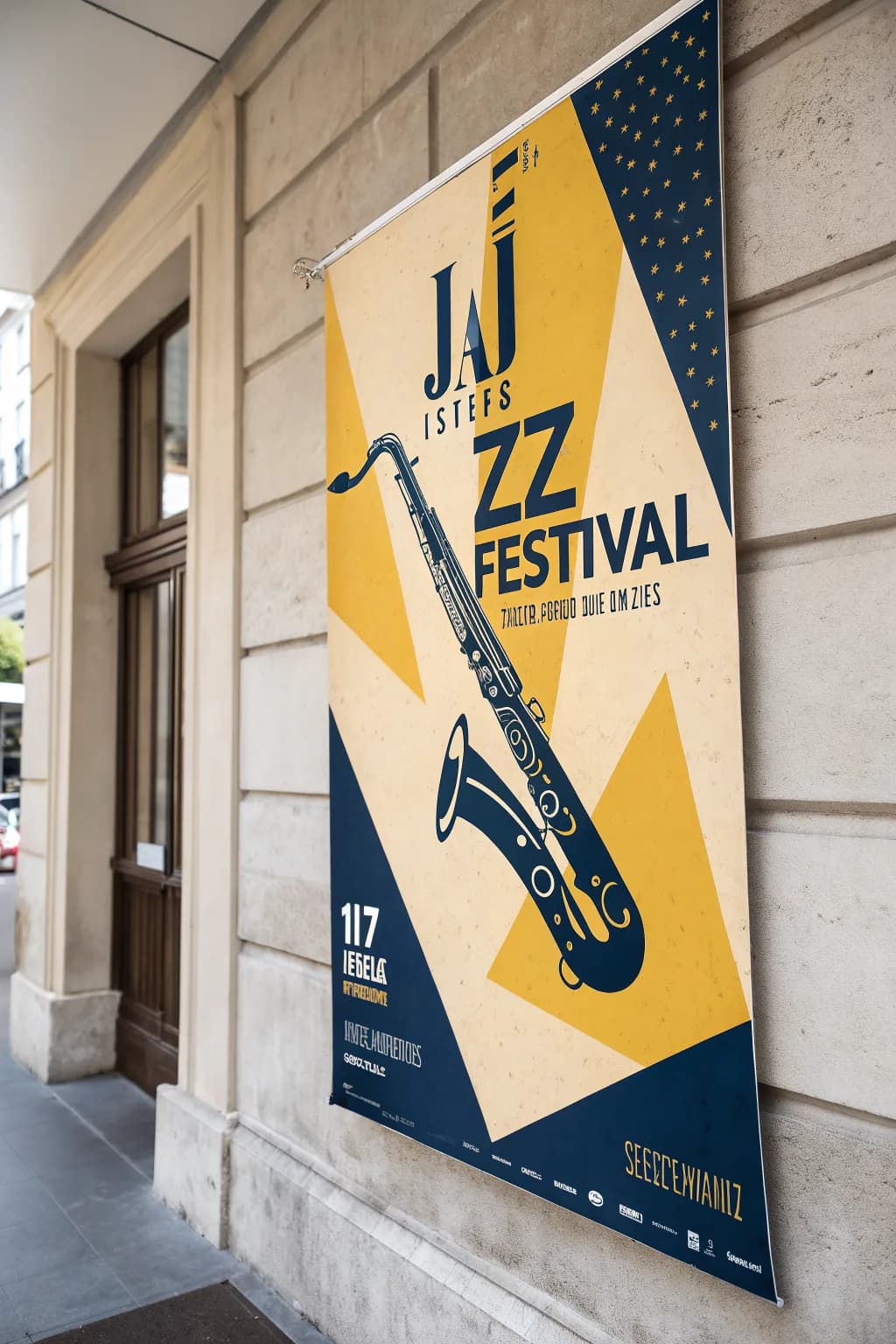 Minimalist jazz festival poster, bold geometric shapes, saxophone silhouette, mustard and navy palette, Swiss typography feel, no text.