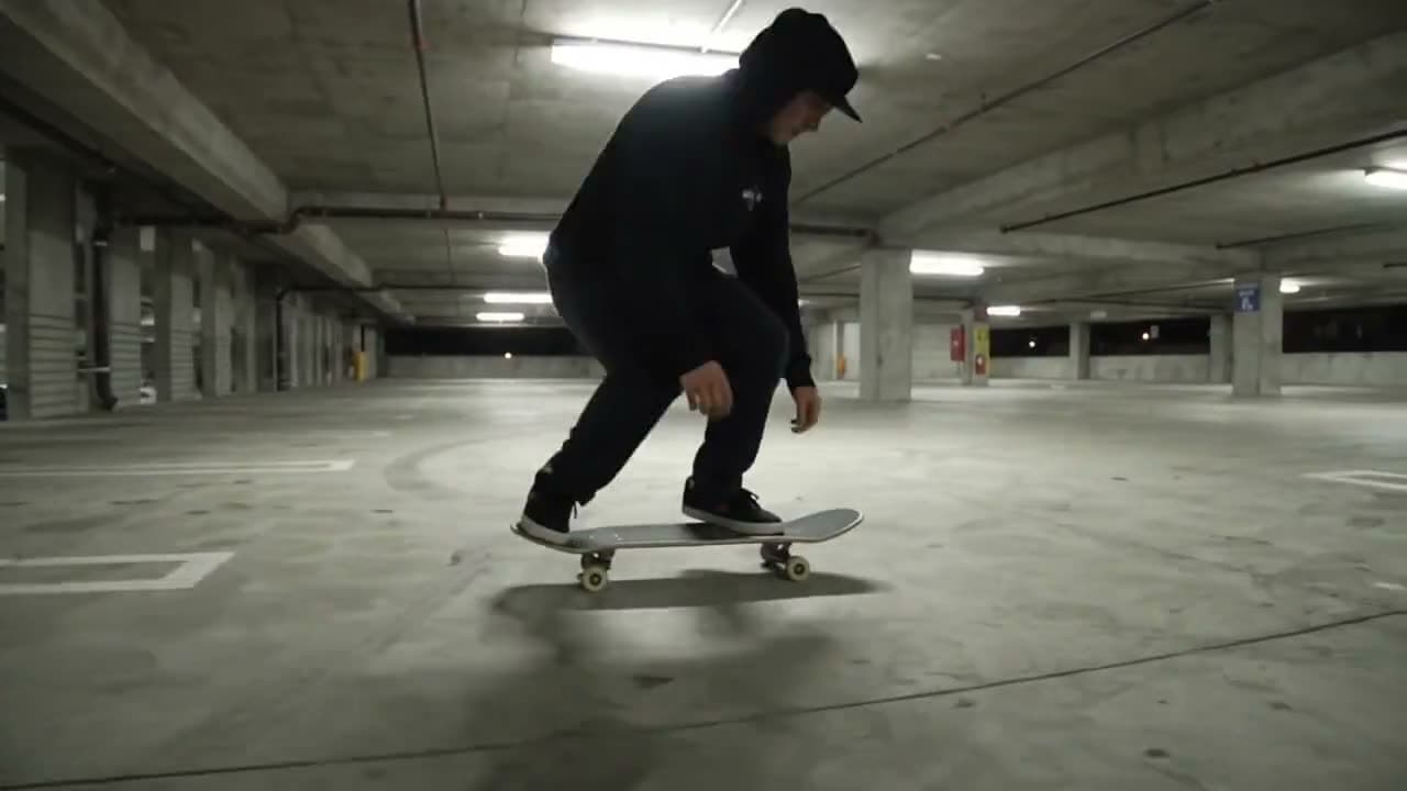 A skateboarder lands a kickflip in an empty concrete parking garage, sparks from the wheels, slow motion, harsh fluorescent light, low angle.