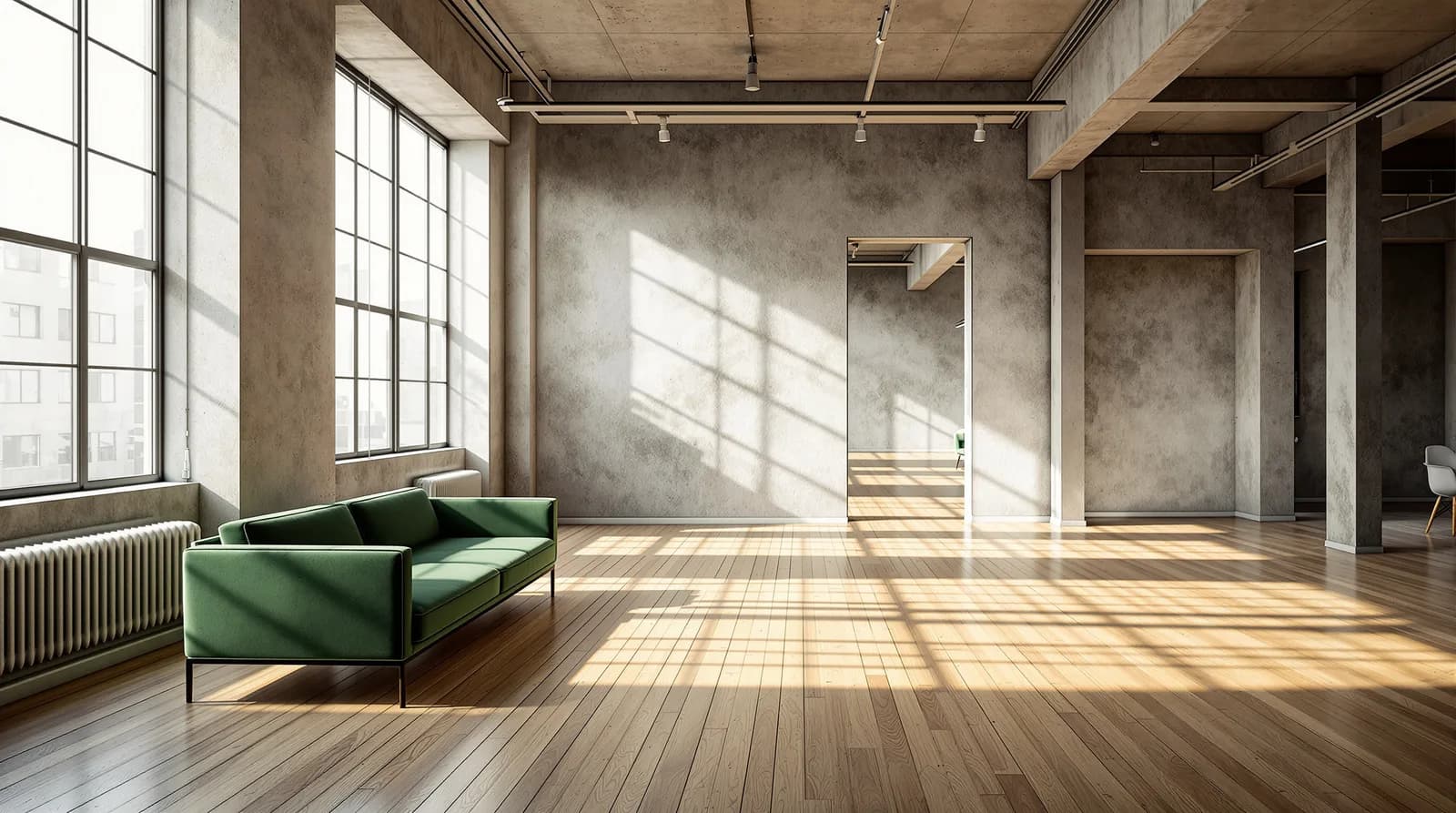 Architectural photo of a sunlit loft interior, concrete ceiling, oak floor, a green velvet sofa, tall windows, dust in the light, wide angle.