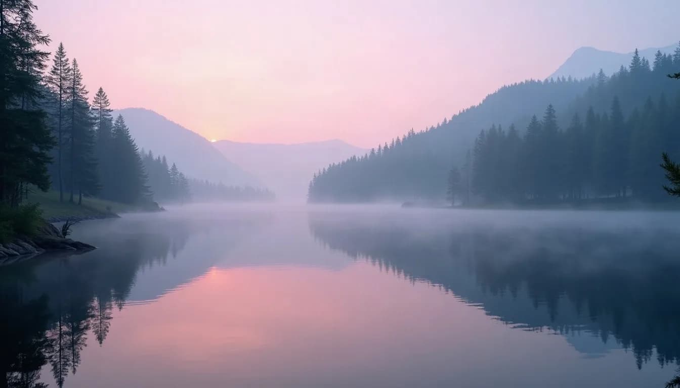 a quiet mountain lake at dawn, mirror-still water, thin mist, pine forest, soft pink light, wide angle, photorealistic