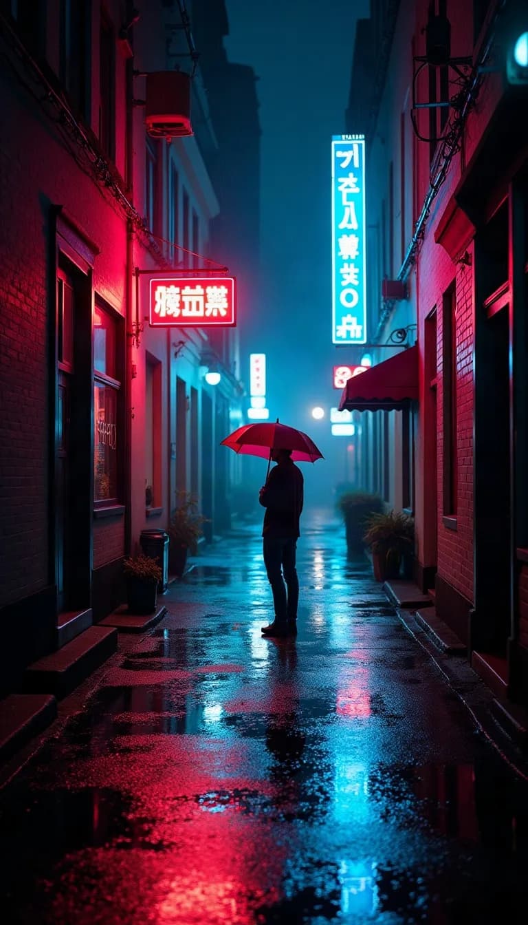 neon-lit alley after rain, reflections on wet pavement, a lone figure with an umbrella, cyan and magenta signage, cinematic noir, 35mm, film grain