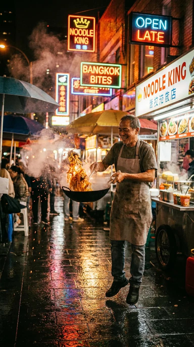 A street food vendor flipping noodles in a wok at night, sparks and steam rising, neon signs reflecting in wet pavement, shallow depth of field, energetic and vivid, photorealistic