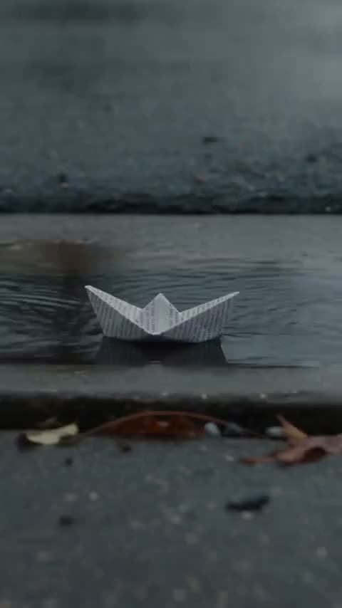 A paper boat drifts down a rain-filled gutter, camera tracks alongside at water level, soft overcast light, gentle ripples, calm and nostalgic.