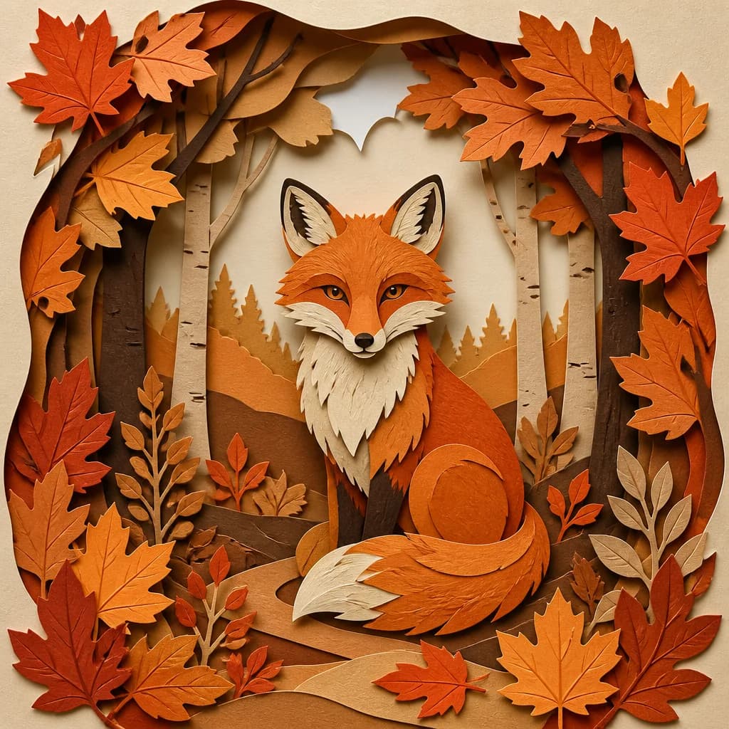 Layered papercut art of a fox in an autumn forest, warm orange and cream paper layers, soft depth shadows between layers, handcrafted look, centered composition.