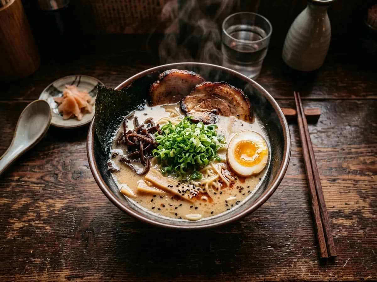 Overhead food photo: a steaming bowl of tonkotsu ramen with a soft egg, chashu and scallions, dark wooden table, chopsticks, moody light.