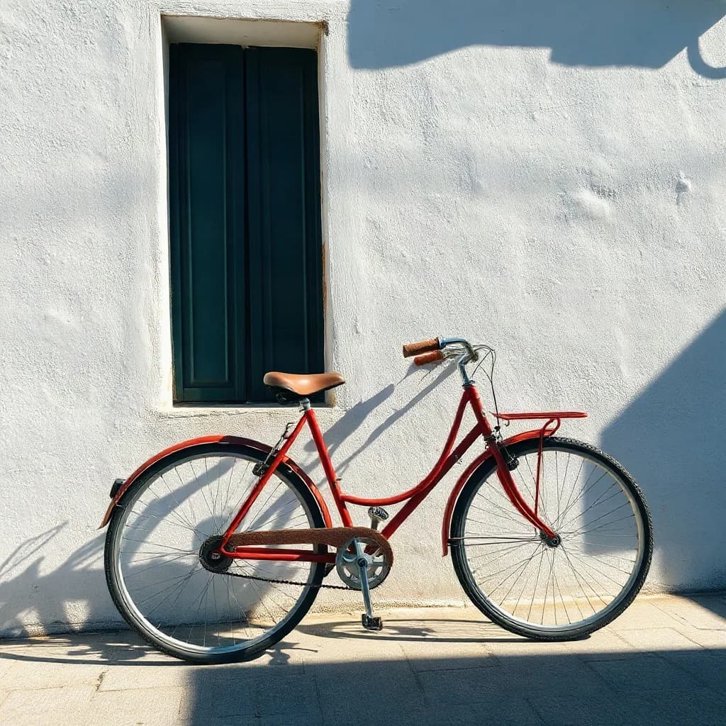 a red vintage bicycle leaning against a white stucco wall, bright midday sun, hard shadows, Mediterranean street