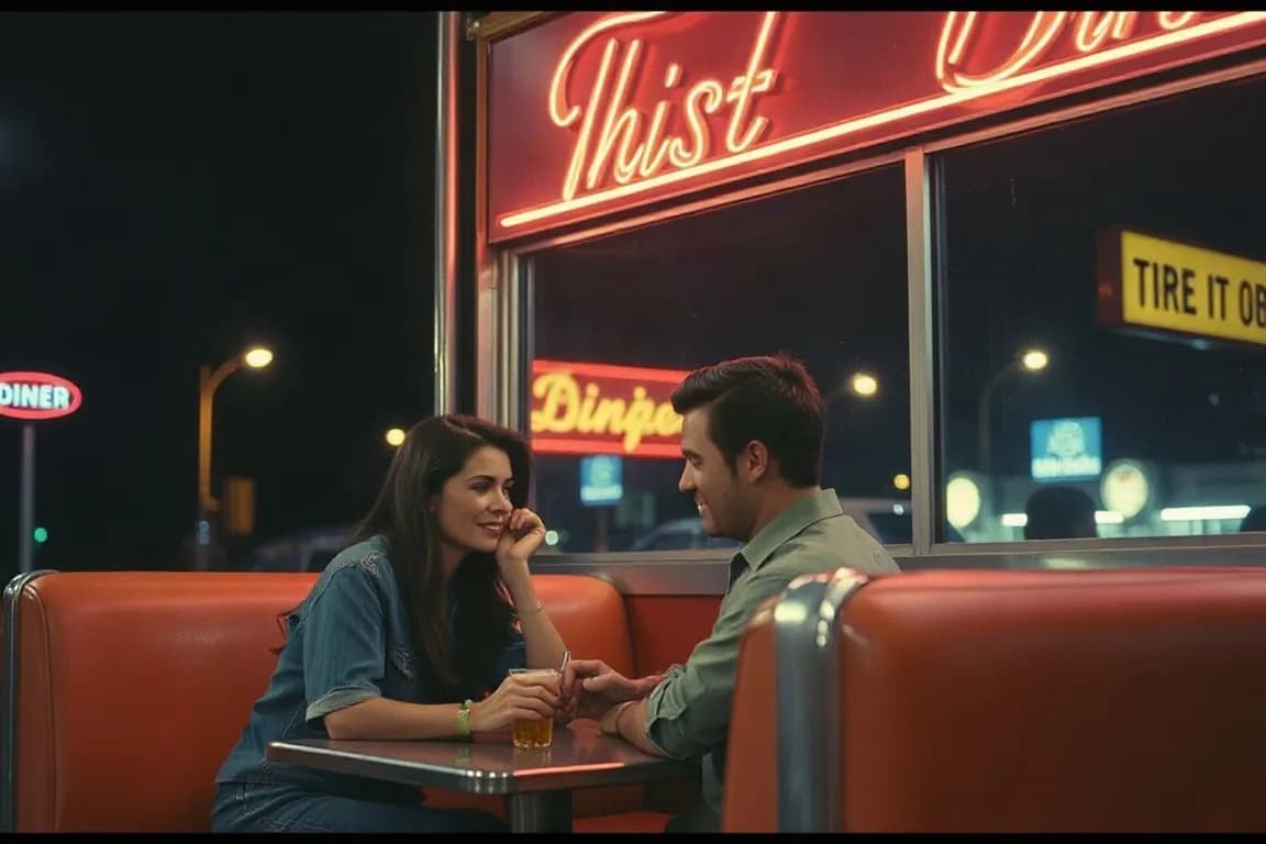 Retro film still: a couple in a 1970s diner booth at night, neon reflections, film grain, Kodak colors.