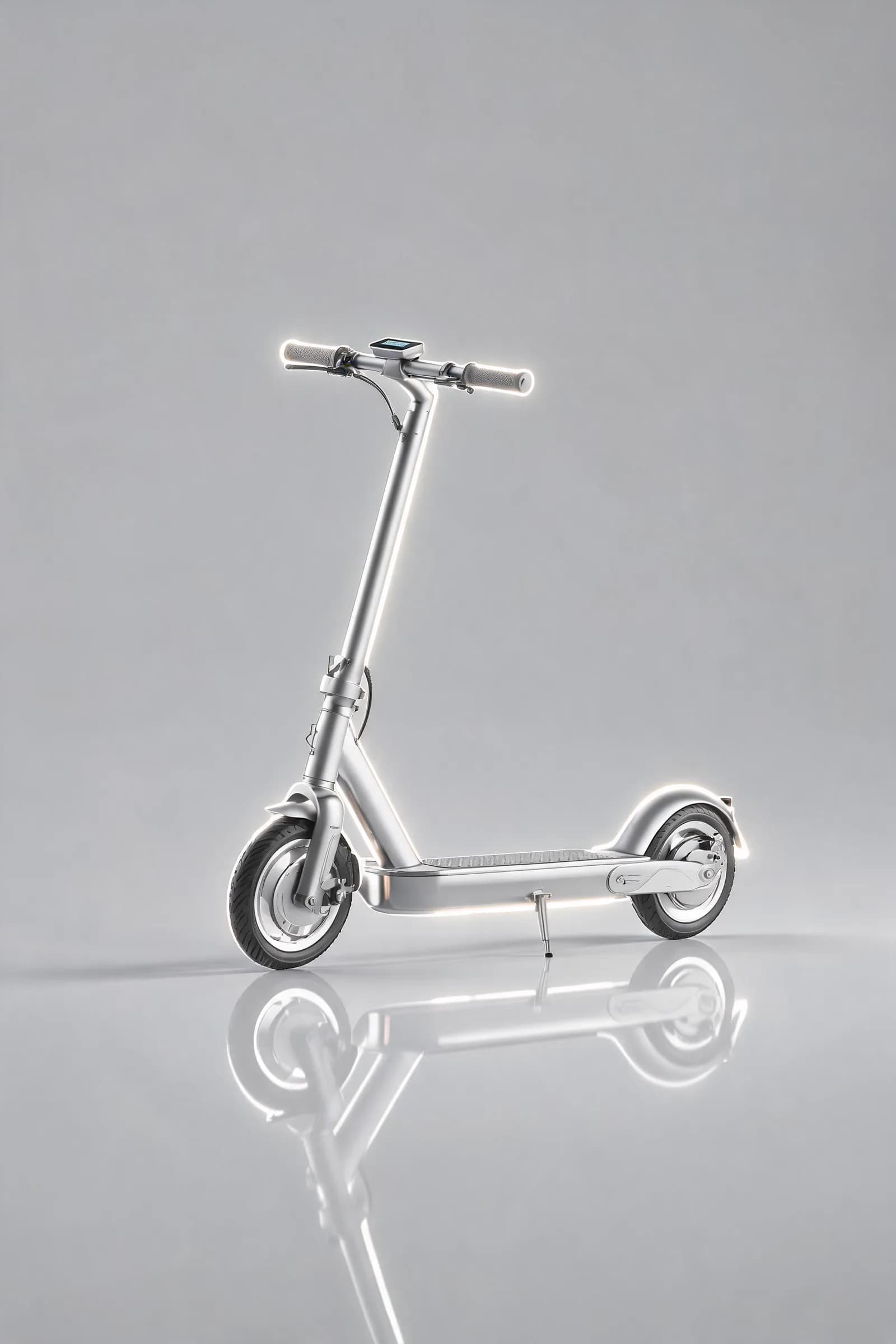Studio shot of a sleek silver electric scooter on a seamless grey background, three-quarter view, crisp reflections, rim light, commercial product photography.