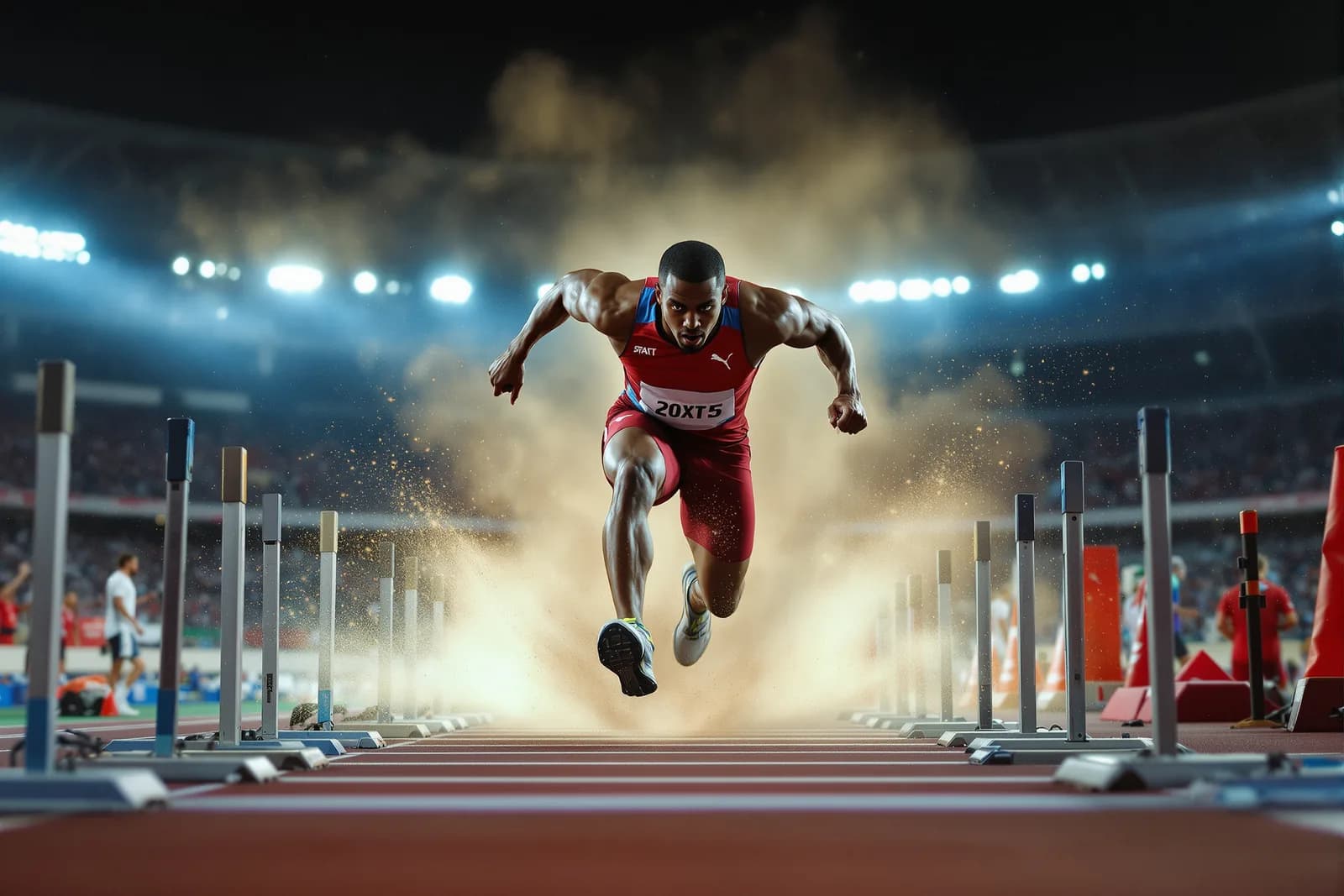 Sports photo: a sprinter exploding out of the starting blocks, frozen motion, dust kicked up, stadium lights, telephoto, dramatic.