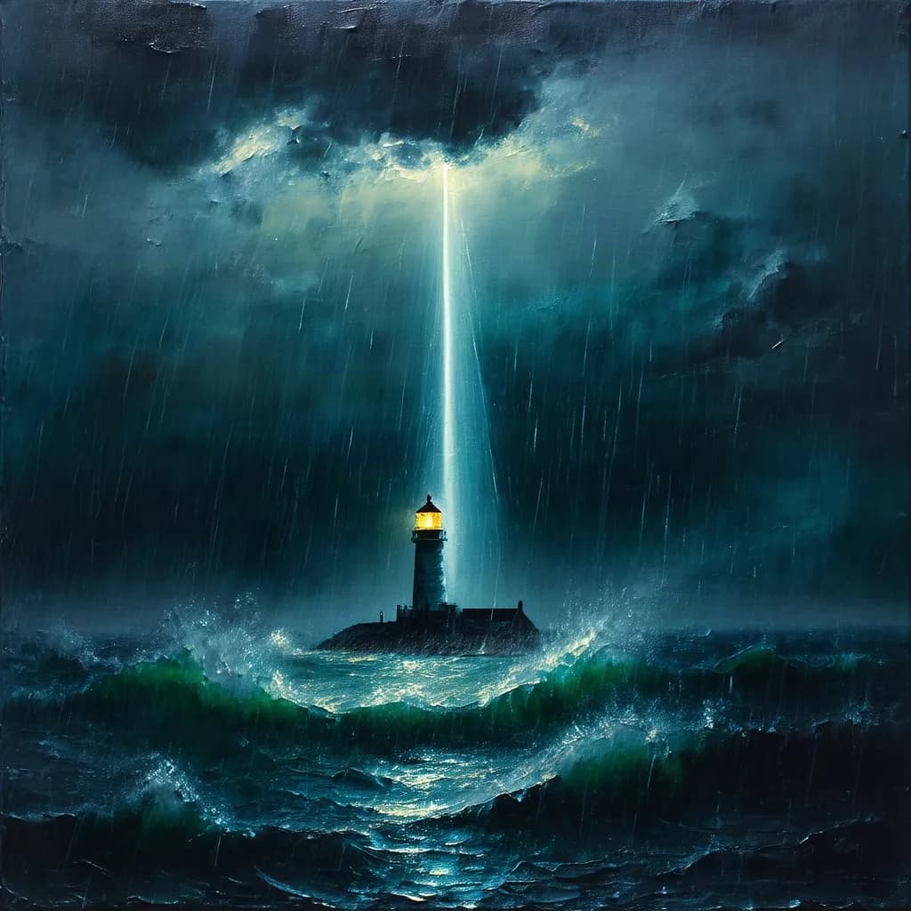 oil painting of a stormy sea at night, lighthouse beam cutting through rain, thick impasto brushstrokes, dramatic chiaroscuro, museum quality