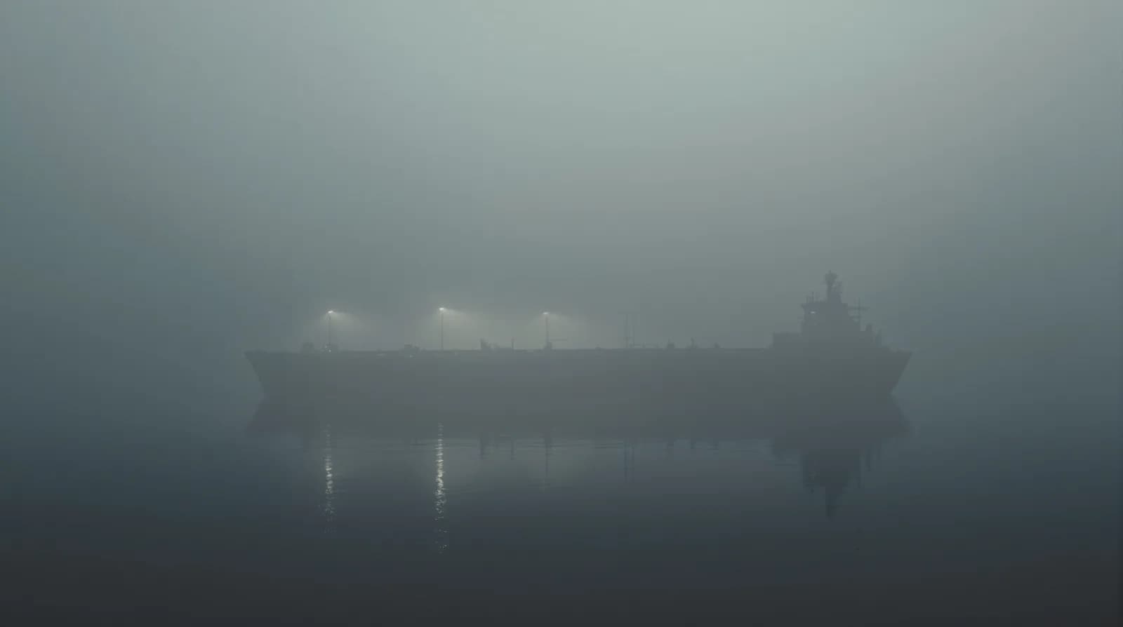 a tanker silhouette in thick morning fog, Baltic harbor, muted desaturated palette, soft diffused light, shot on 35mm, cinematic, high detail