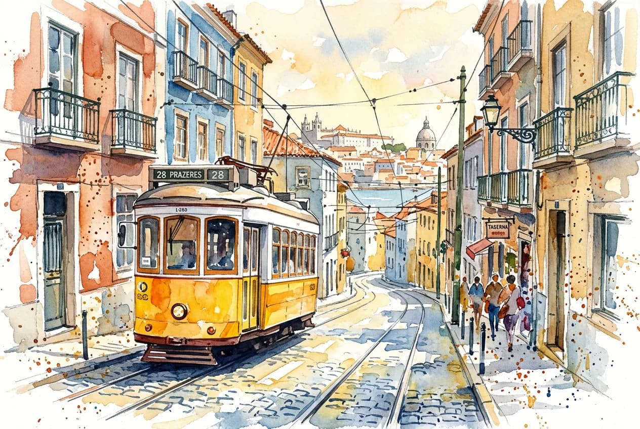 Loose watercolor painting of a Lisbon street with a yellow tram, warm afternoon light, splashes and white paper showing through.
