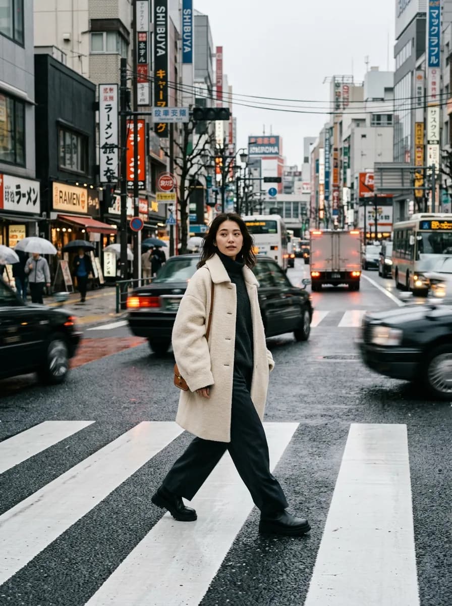 Editorial fashion shot: a woman in an oversized cream wool coat walking across a zebra crossing, motion blur on passing cars, overcast Tokyo street, 50mm, natural colors.